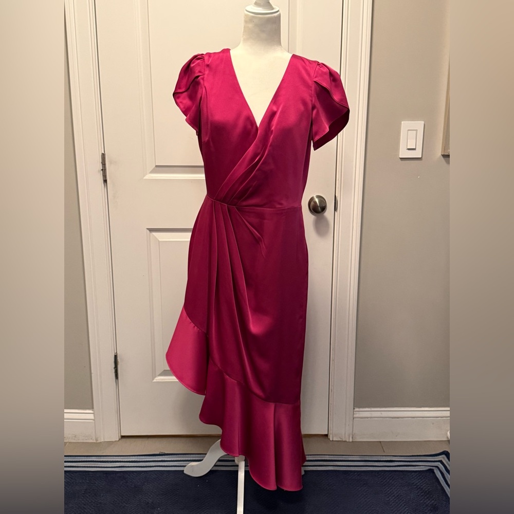 Theia Fuchsia High Low Wrap Dress